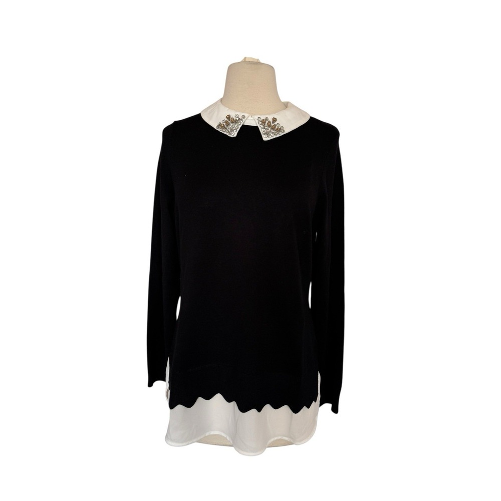 NWT NEW Adrianna Papell Black Embellished Collar Layered Sweater Size M
